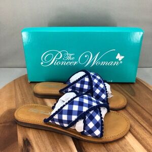 Pioneer Woman Gingham Sandals Womens 7 Pom Pom Detail Blue White Slides